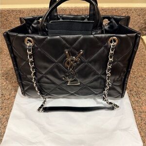 YSL Black Quilted Tote with Silver Chain